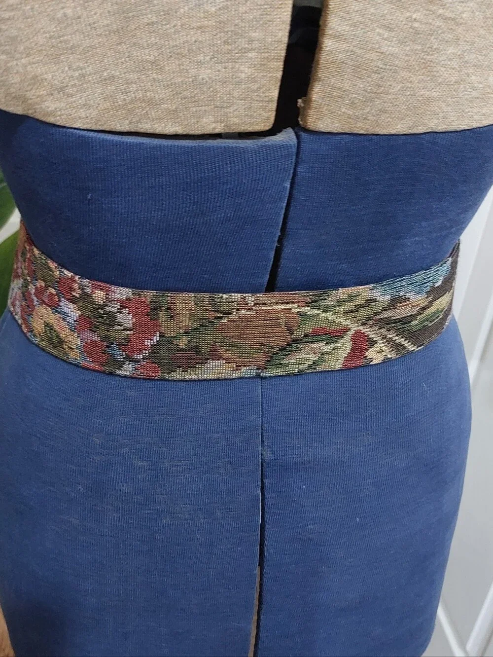 Ralph Lauren Brown Leather Buckle Belt with Multicolor Woven Tapestry Panel